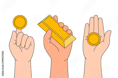 Three hands holding gold coin and gold bar on white background