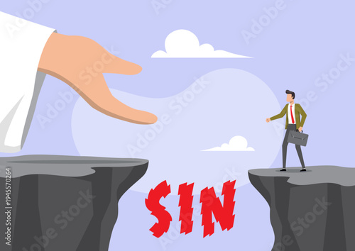 Large Hand Reaching Across Abyss of Sin to Help Businessman