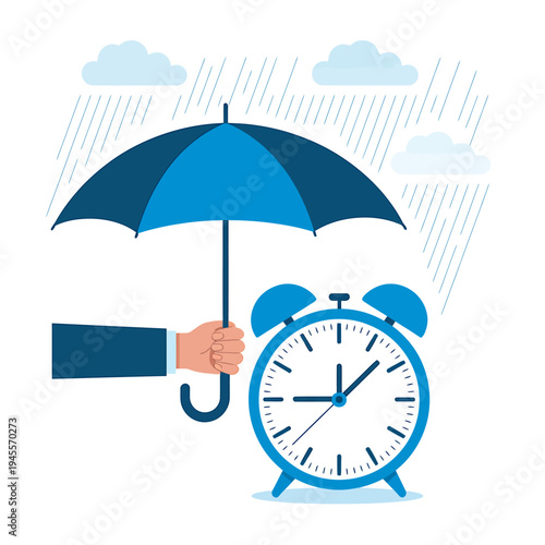 Hand holding blue umbrella protecting alarm clock from rain and clouds