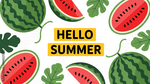 Hello summer colorful cartoon watermelon slices and leaves on white background