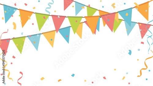 Colorful triangular bunting flags with confetti and ribbons on white background for celebration