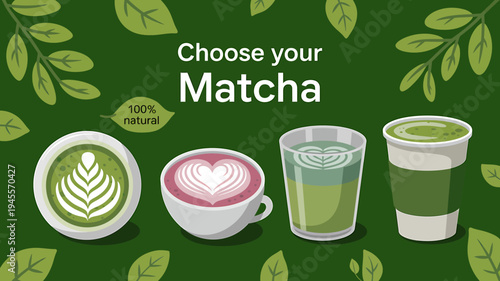Four different matcha tea drinks with leaf designs on top  Choose your Matcha