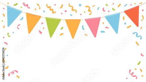 Colorful triangular bunting flags with confetti on white background