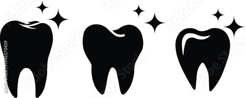 Set of tooth silhouette icons with sparkle symbols for dental care and teeth whitening vector illustration
