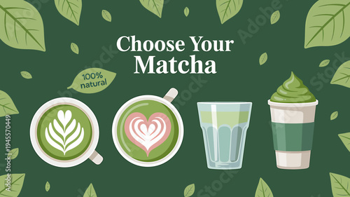 Matcha green tea drinks and leaves on dark green background