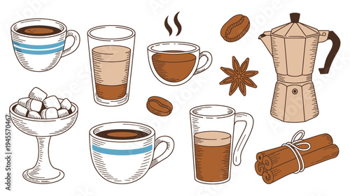 Coffee cups mugs glasses sugar cinnamon beans star anise coffee maker illustration