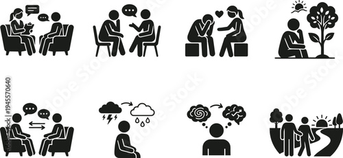 Professional Mental Health and Psychological Therapy Icon Set Featuring Counseling Sessions Emotional Support Mindfulness and Recovery Silhouettes