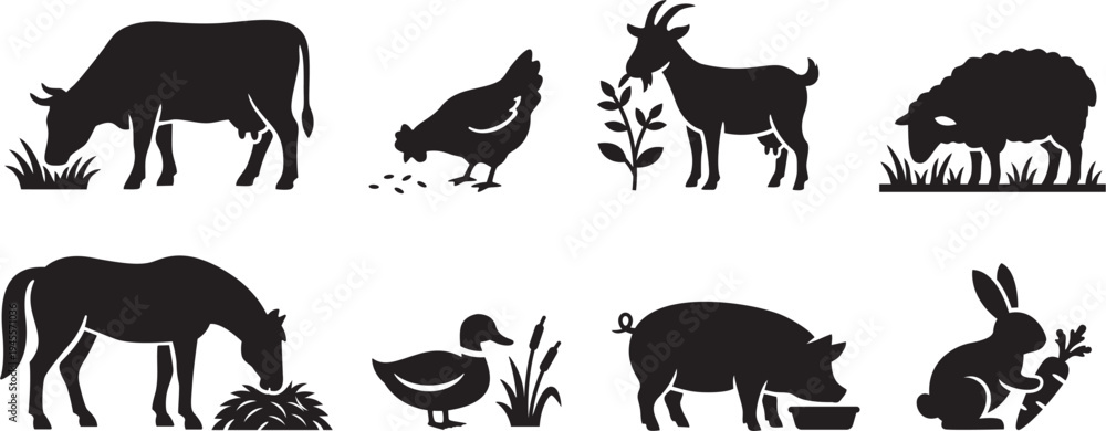 Fototapeta premium Vector Icon Set of Farm Animals Eating and Grazing