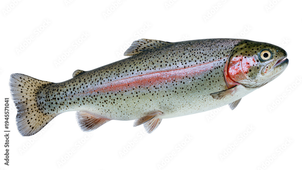 Obraz premium Isolated Rainbow Trout Fish Displaying Distinctive Red Stripe and Iridescent Scales