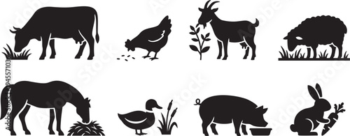 Vector Icon Set of Farm Animals Eating and Grazing