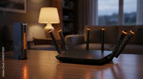 A modern wireless router with multiple antennas and an internet modem are placed on a wooden table in a cozy, dimly lit living room setting.