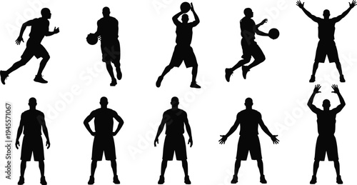 Set of Female Basketball Player Silhouettes Featuring Action Poses Including Dribbling Shooting Jumping and Slam Dunk Isolated on White Background