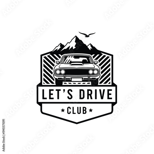 Classic Car Driving Club Adventure Emblem with Mountain Landscape and Bird Silhouette