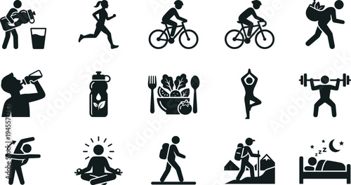 Professional Healthy Lifestyle Icon Set Featuring Running Cycling Yoga Weightlifting Healthy Eating and Hydration Silhouettes for Wellness Branding