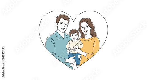 Family of three illustration in heart shape.