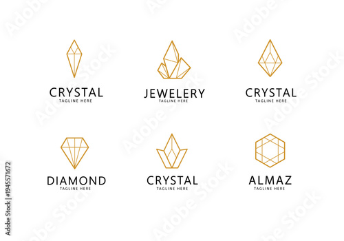 Elegant Cristal and Diamond icons for Jewellery store logo brand design. Golden signs set of Gem, Cristal, Brilliant, Diamond pictograms - editable vector logo and icons template