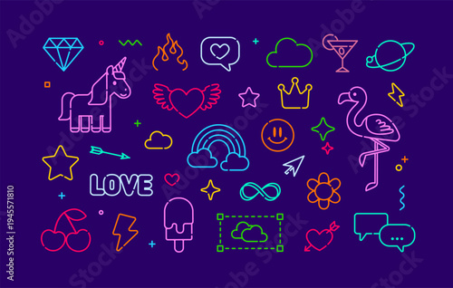 Cool collection of cute neon icons unicorn, flamingo, ice cream, love heart, princess crown, funny characters, kawaii stickers pack or pattern for kids design, print fabric - editable vector