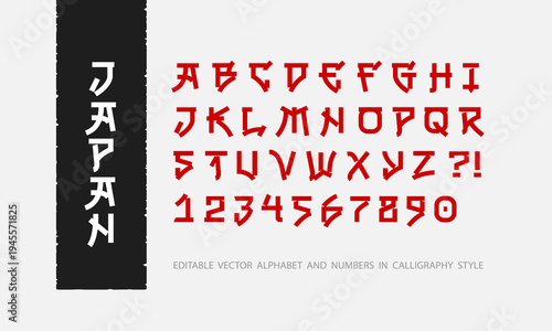 Japanese style vector type font and numbers. English Typography japan style font in hierogliph calligraphy style. Editable vector template