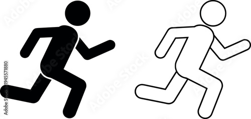 running person icon set, man running silhouette and outline symbols, emergency exit sign style, motion sport pictogram vector