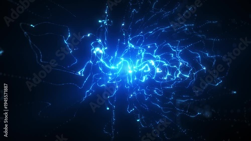Blue electric energy particles swirling in dark space forming a dynamic glowing plasma field. Futuristic abstract technology background with motion.