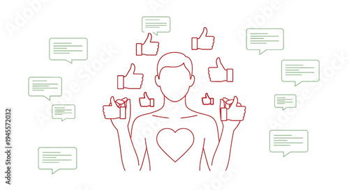 Social Media Likes and Comments Concept: Person with Thumbs Up Icons and Speech Bubbles