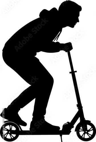 Silhouette of person riding kick scooter, urban transportation concept, active lifestyle, hooded sweatshirt, dynamic motion, recreational activity, modern commuting