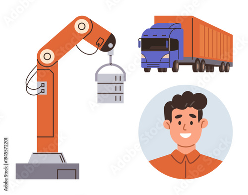 Supply chain, logistics, automation, transportation, industry, workforce solutions. A robotic arm, large truck and smiling man . Automation and logistics in modern industry