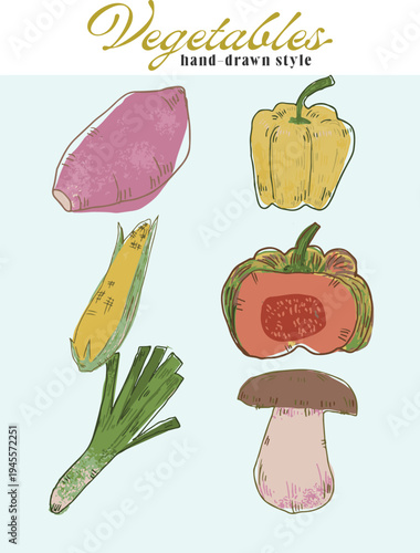 Collection of hand drawn vegetables in a lacquer painting style
