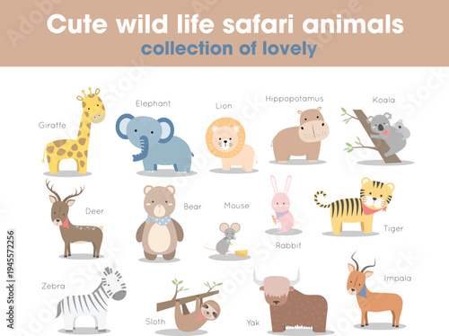 Cute wild life safari animals collection set cartoon doodle Vector Graphic Element