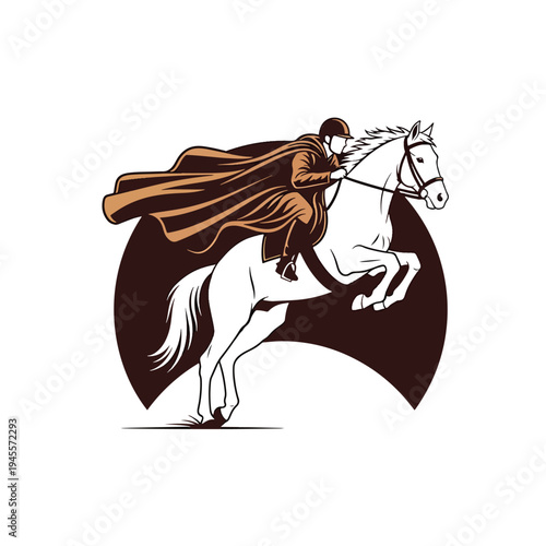 Dynamic equestrian rider in flowing cape on jumping horse illustration