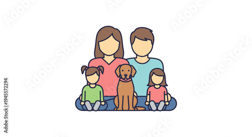 Family Portrait with Dog and Children Illustration.