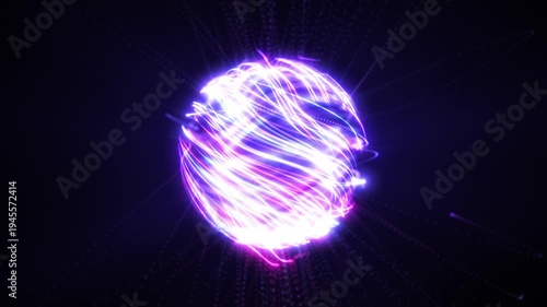 Glowing neon energy sphere with swirling purple and blue light trails. Futuristic abstract plasma globe with dynamic motion and radiant power. Seamless looping 4k video.