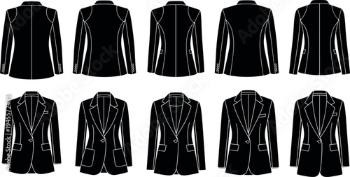 Women blazer jacket technical fashion flat sketch collection, front and back views tailored suit jacket apparel design template