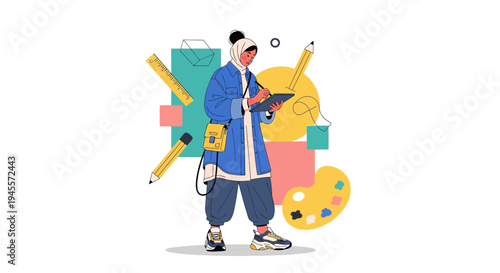 Creative artist drawing on tablet, surrounded by art supplies and abstract shapes