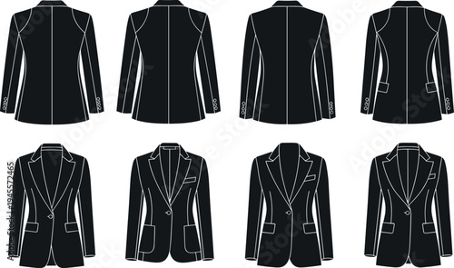 Women blazer jacket technical fashion flat sketch set, front and back views, tailored suit jacket apparel design template