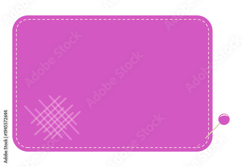 Blank pink fabric patch or textile label with white dashed stitch border and a sewing pin. Vector template copy space, message, or craft design isolated background. Textured piece of fabric is pierced