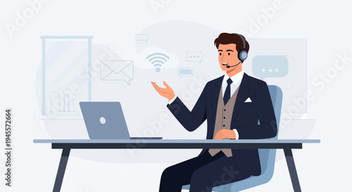 Customer Service Agent with Headset Working on Laptop, Communication Icons