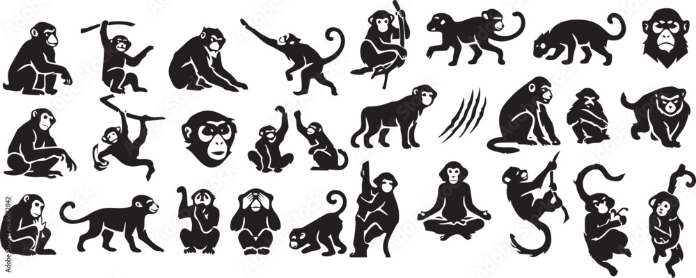 Obraz premium Primate Monkey Silhouettes and Ape Vector Icon Collection.