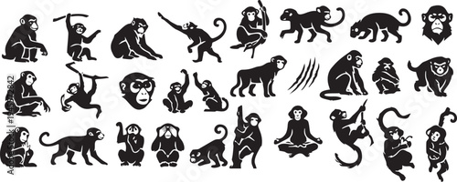 Primate Monkey Silhouettes and Ape Vector Icon Collection.