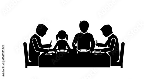Family Silhouette Eating Together at Table.