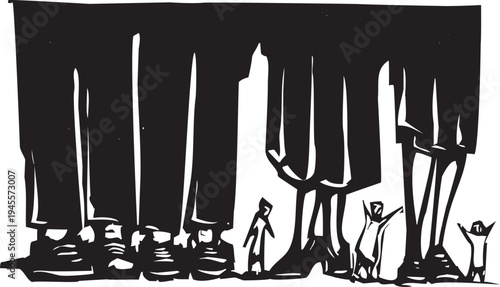 Woodcut style image of people around the feet of giants