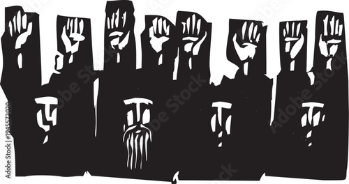 Woodcut image of people surrendering with hands raised