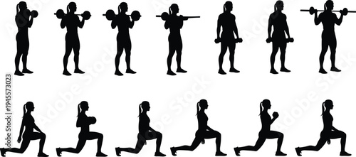 Set of Female Fitness Silhouettes Exercising with Barbells and Dumbbells Performing Lunges and Weightlifting Workouts Isolated on White Background for Gym