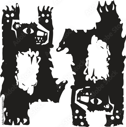 Woodcut style image of performing circus bears