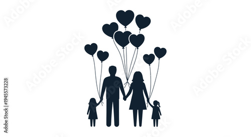 Family Silhouette Holding Heart Shaped Balloons Together.