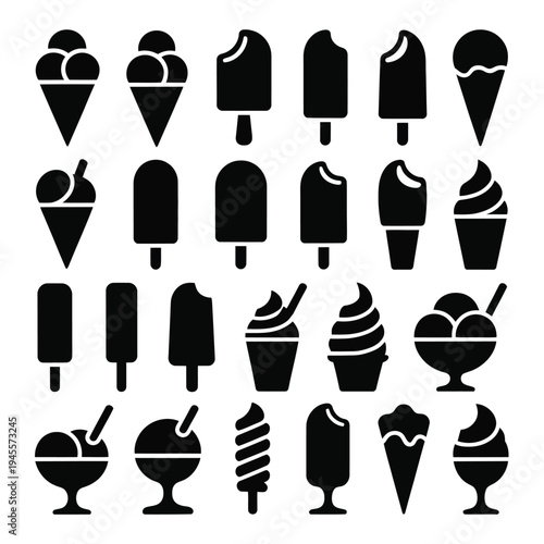 A collection of black and white icons representing various ice cream treats