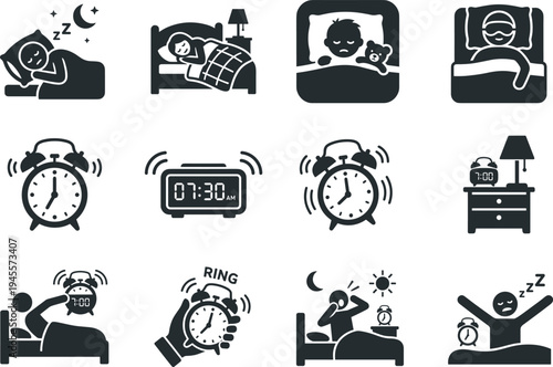 Professional Sleep and Morning Routine Icon Set Featuring Sleeping Person Silhouettes Alarm Clocks Bedtime Habits and Waking Up Illustrations