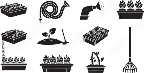 Gardening tools and plants in black and white icons