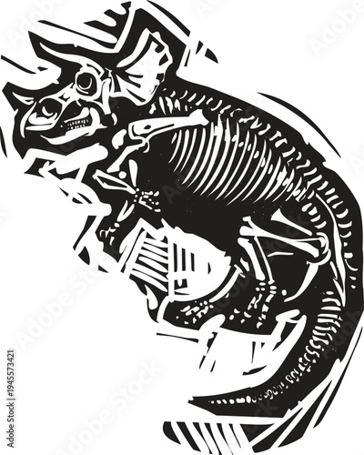 Woodcut style image of a triceratops fossil