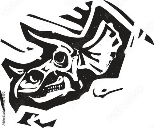Woodcut style image of a triceratops skull fossil